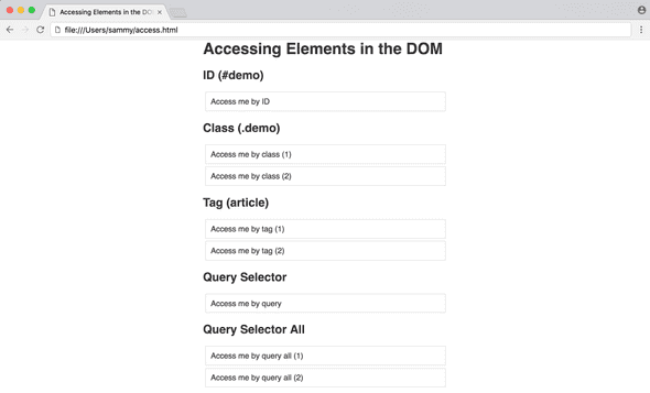 Browser rendering of access.html page